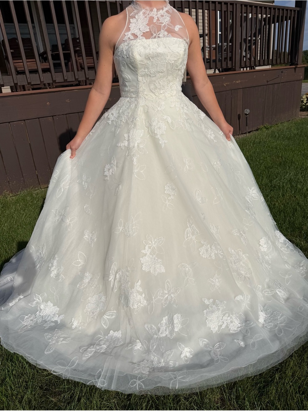 Vera Wang Ivory Floral Lace Ball Gown with Illusion High Neck